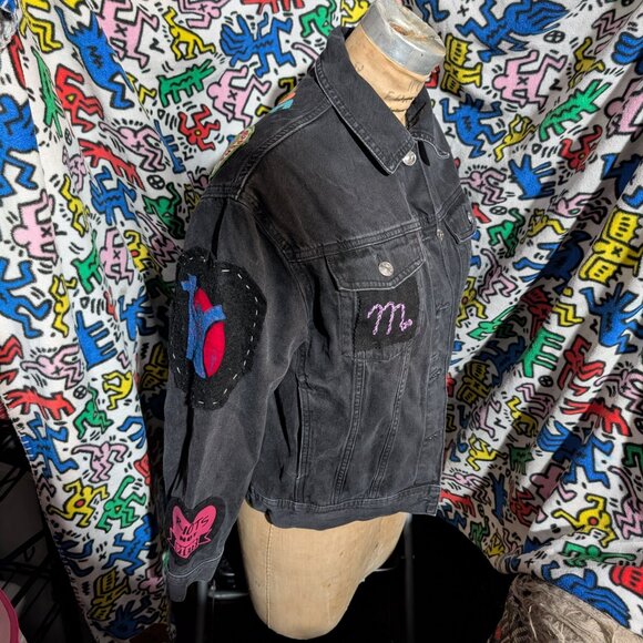 H&M Black Denim Highly Customized Jacket "WOW" Size XS - Picture 7 of 15